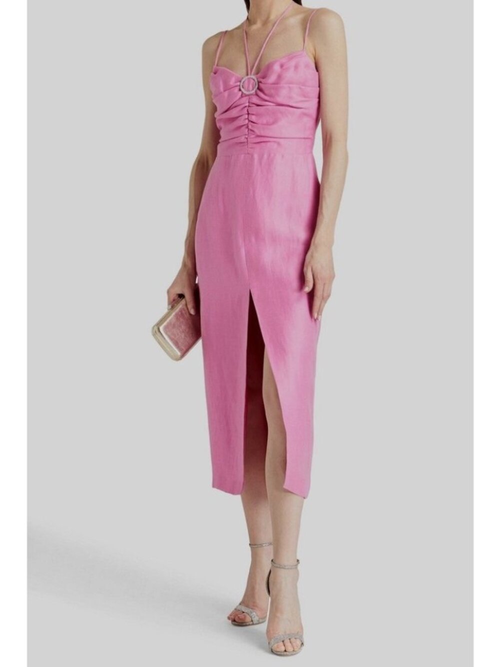 NWT Rasario Pink Draped Linen Midi Dress with Buckle